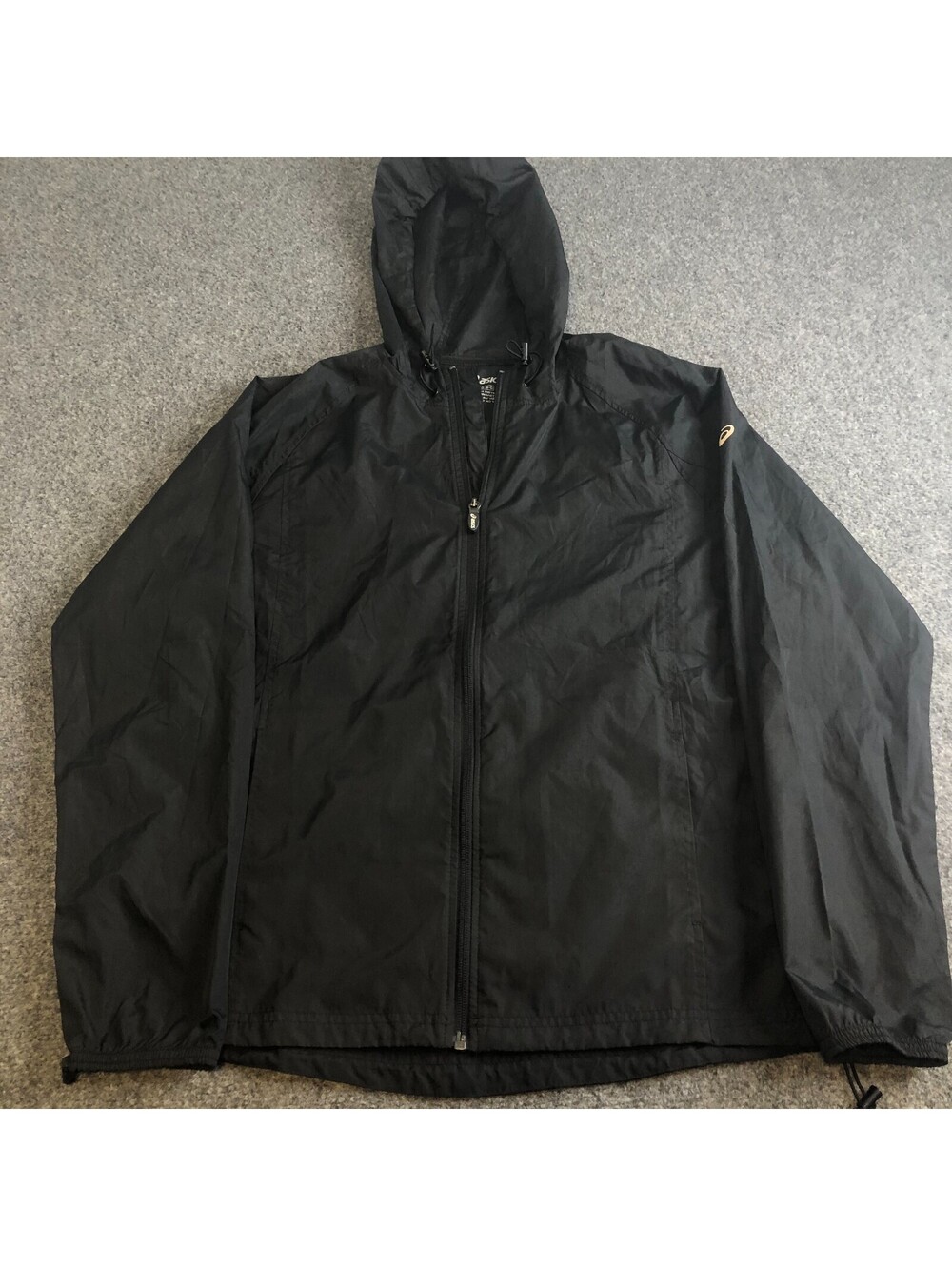 ASICS Packable Jacket Womens L Black Hooded Windbreaker Running Zip Lightweight